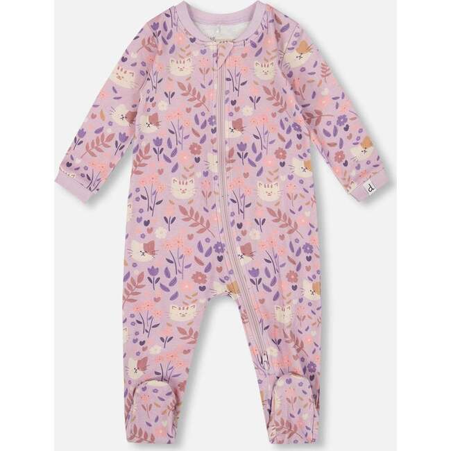 One-Piece Organic Cotton Pajama, Lilac Cat Print