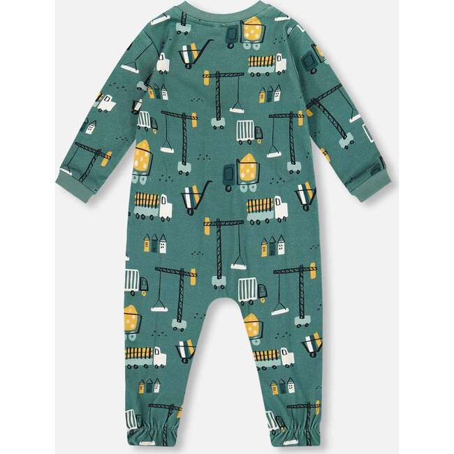 One-Piece Organic Cotton Pajama, Teal Construction Print - Pajamas - 2