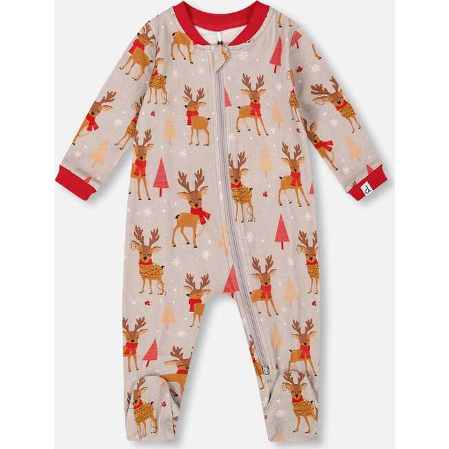 One-Piece Organic Cotton Pajama, Beige Reindeer Print