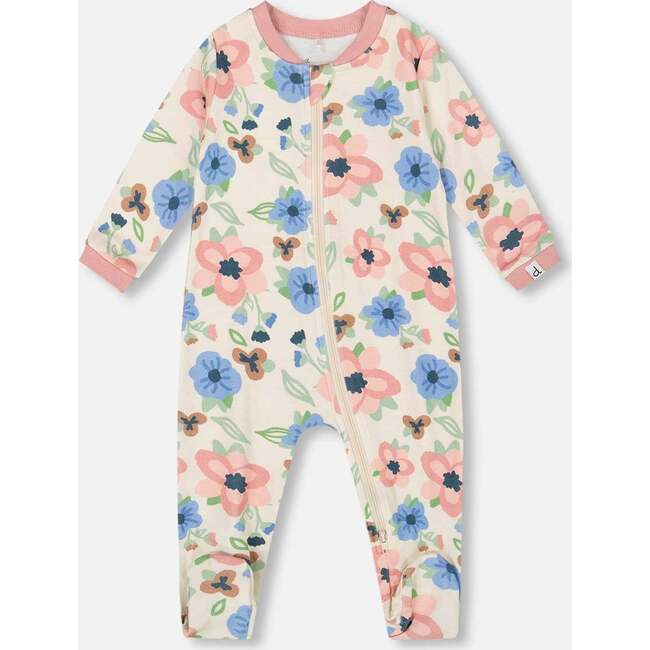 One-Piece Organic Cotton Pajama, Off-White Flower Print