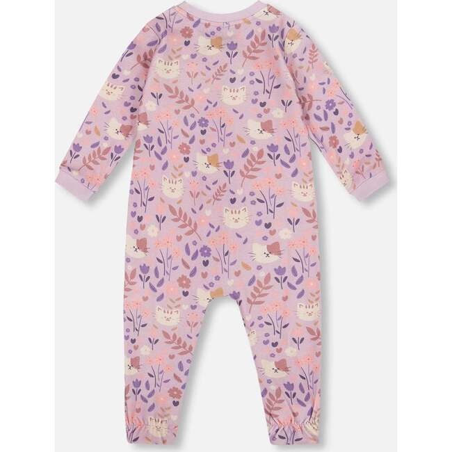 One-Piece Organic Cotton Pajama, Lilac Cat Print - Pajamas - 2