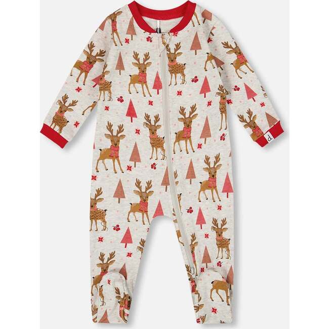 One-Piece Organic Cotton Pajama, Beige Girly Reindeer Print