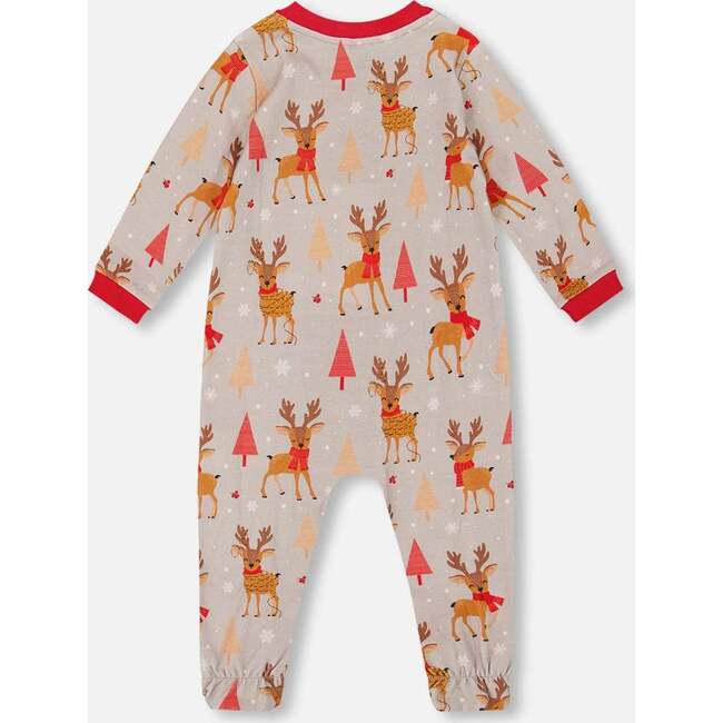 One-Piece Organic Cotton Pajama, Beige Reindeer Print - Pajamas - 2