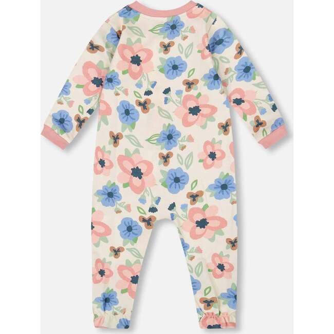 One-Piece Organic Cotton Pajama, Off-White Flower Print - Pajamas - 2