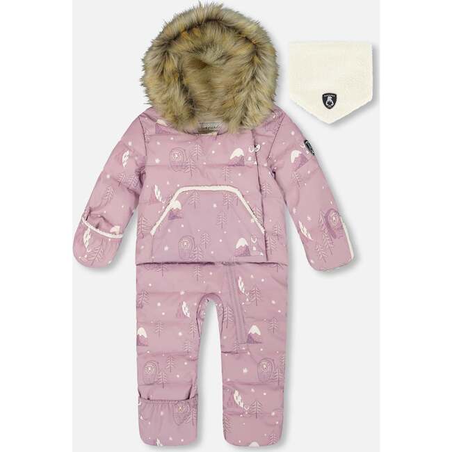 One-Piece Baby Snug Snowsuit Designed for Car Seat, Purple Bear Print