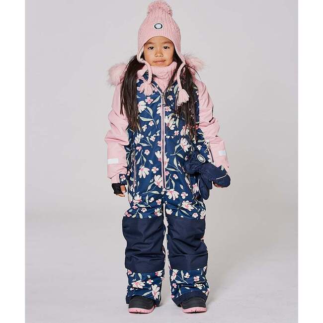 One-Piece Play Snowsuit, Navy Flower Print - Snowsuits - 4