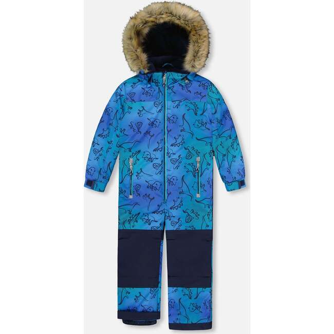 One-Piece Discover Snowsuit, Blue Gradient Dinosaur Print