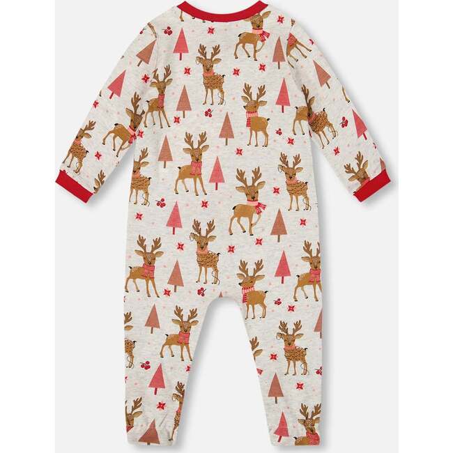 One-Piece Organic Cotton Pajama, Beige Girly Reindeer Print - Pajamas - 2