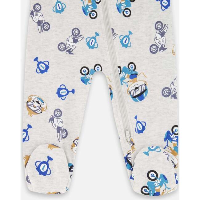 One-Piece Organic Cotton Pajama, Beige Monkey Print - Pajamas - 3