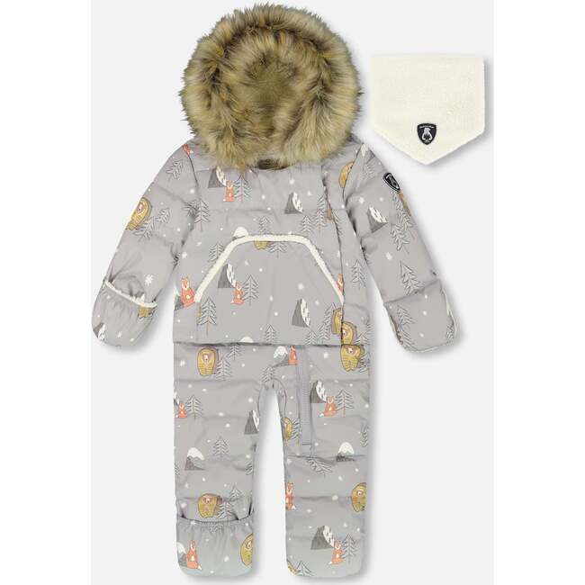 One-Piece Baby Snug Snowsuit Designed for Car Seat, Gray Bear Print