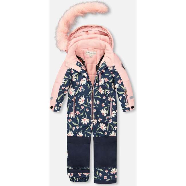 One-Piece Play Snowsuit, Navy Flower Print - Snowsuits - 5
