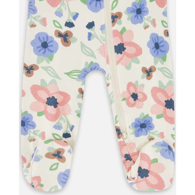 One-Piece Organic Cotton Pajama, Off-White Flower Print - Pajamas - 3