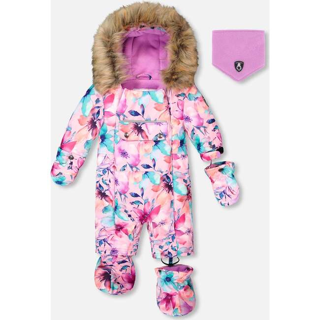One-Piece Baby Play Snowsuit Designed for Car Seat, Pink Watercolor Flower Print