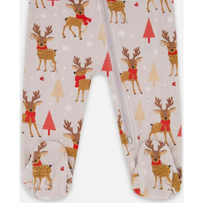 One-Piece Organic Cotton Pajama, Beige Reindeer Print - Pajamas - 3
