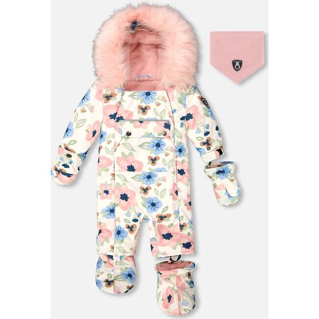 One-Piece Baby Play Snowsuit Designed for Car Seat, Off-White Flower Print