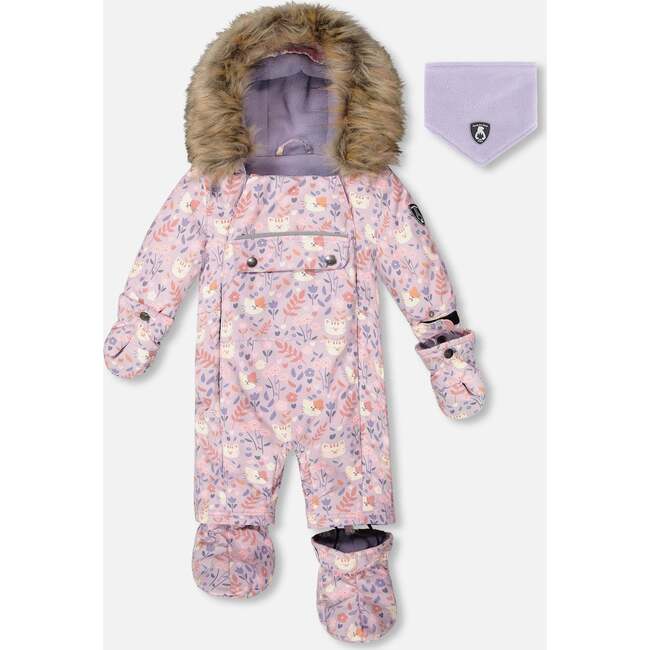 One-Piece Baby Play Snowsuit Designed for Car Seat, Lilac Cat Print