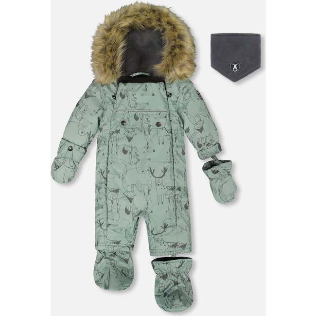 One-Piece Baby Play Snowsuit Designed for Car Seat, Sage Animal Print