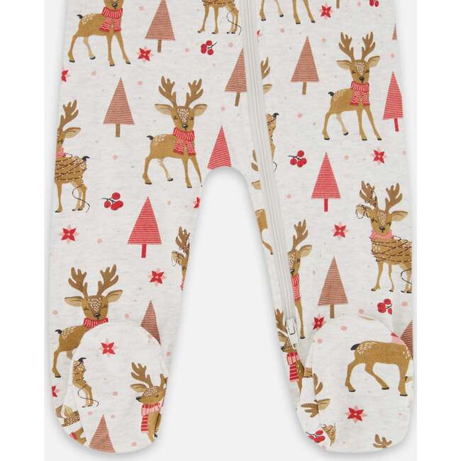 One-Piece Organic Cotton Pajama, Beige Girly Reindeer Print - Pajamas - 3