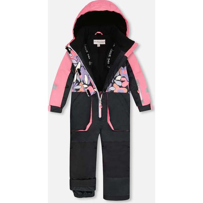 One-Piece Play Snowsuit, Black Retro Flower Print - Snowsuits - 3