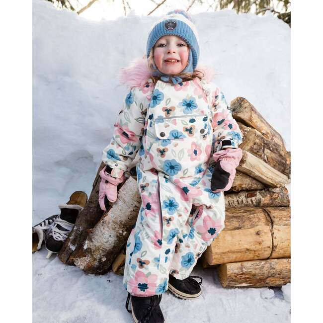 One-Piece Baby Play Snowsuit Designed for Car Seat, Off-White Flower Print - Snowsuits - 2
