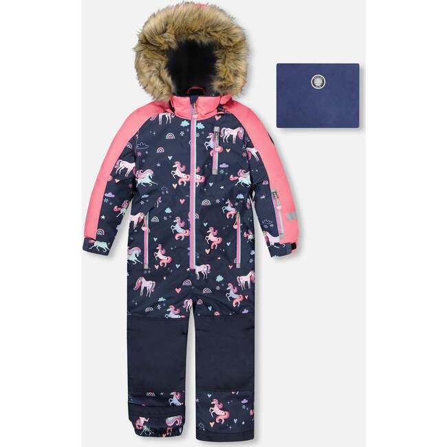 One-Piece Play Snowsuit, Navy Unicorn Print