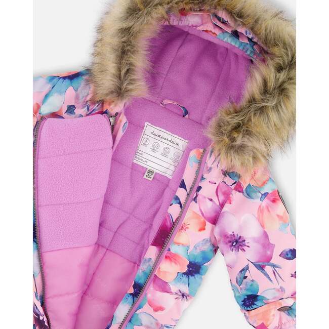 One-Piece Baby Play Snowsuit Designed for Car Seat, Pink Watercolor Flower Print - Snowsuits - 5