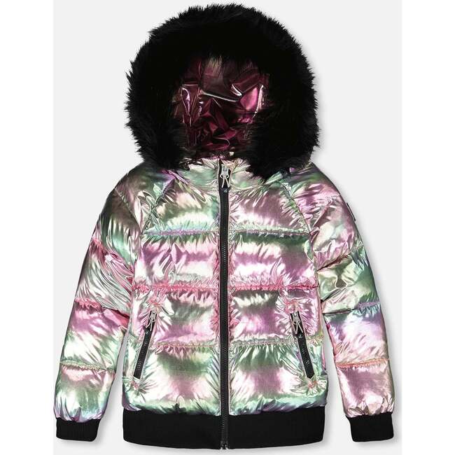 Multicolor Metallic Quilted Bomber-Style Winter Coat, Black and Multicolor