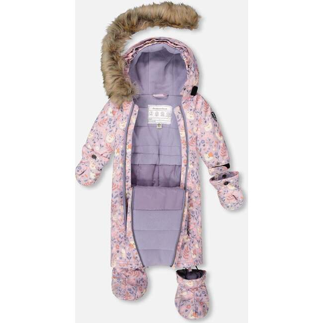 One-Piece Baby Play Snowsuit Designed for Car Seat, Lilac Cat Print - Snowsuits - 3