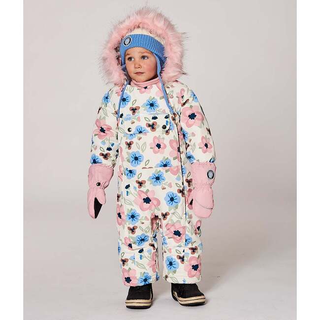 One-Piece Baby Play Snowsuit Designed for Car Seat, Off-White Flower Print - Snowsuits - 3