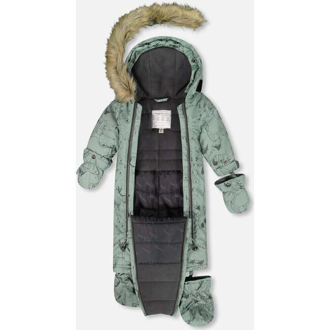 One-Piece Baby Play Snowsuit Designed for Car Seat, Sage Animal Print - Snowsuits - 3