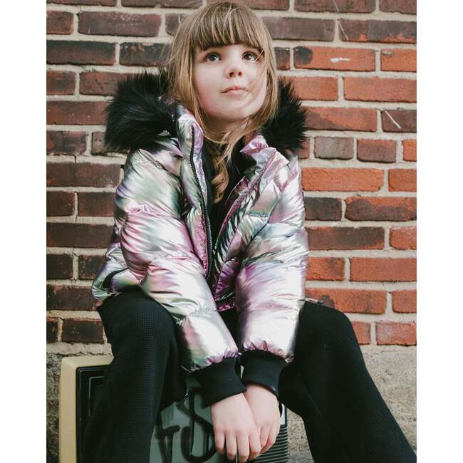 Multicolor Metallic Quilted Bomber-Style Winter Coat, Black and Multicolor - Jackets - 2