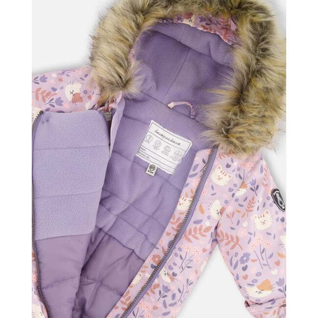 One-Piece Baby Play Snowsuit Designed for Car Seat, Lilac Cat Print - Snowsuits - 5