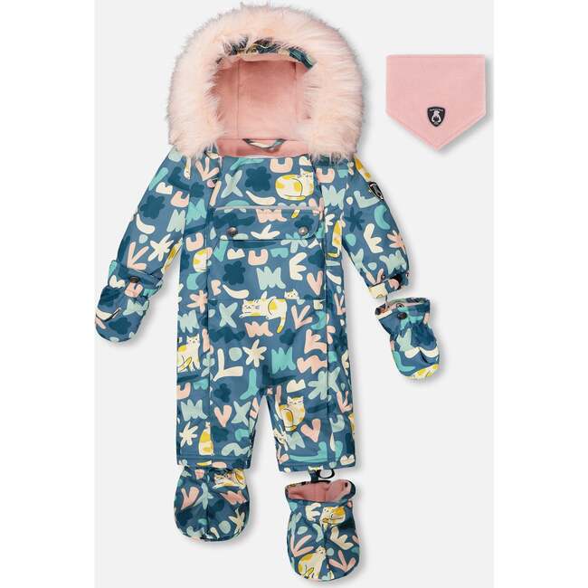 One-Piece Baby Play Snowsuit Designed for Car Seat, Green Cat Print