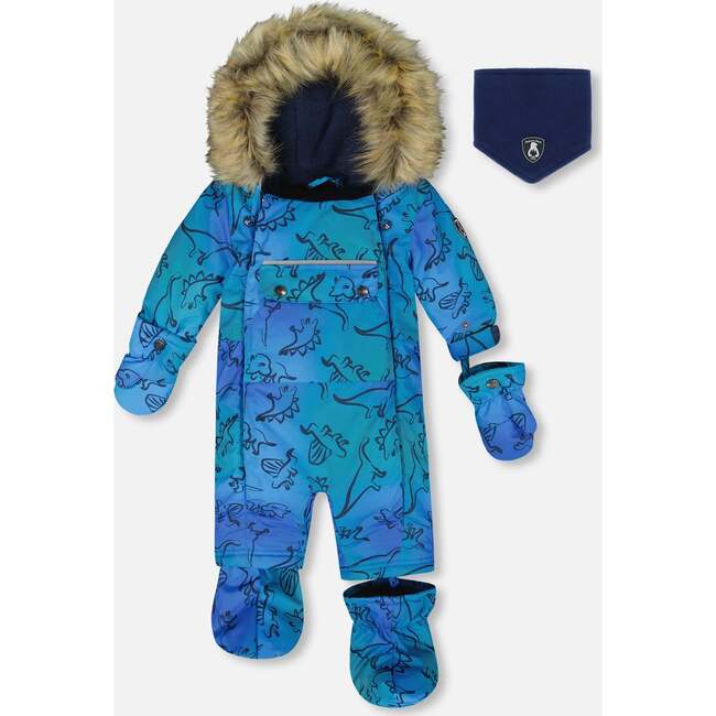 One-Piece Baby Play Snowsuit Designed for Car Seat, Blue Gradient Dinosaur Print