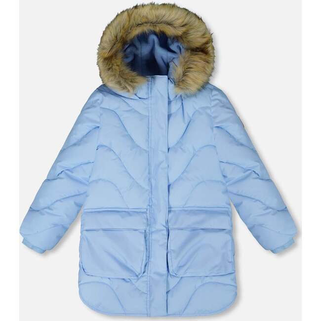 Long Wavy Quilt Puffy Winter Coat, Powder Blue