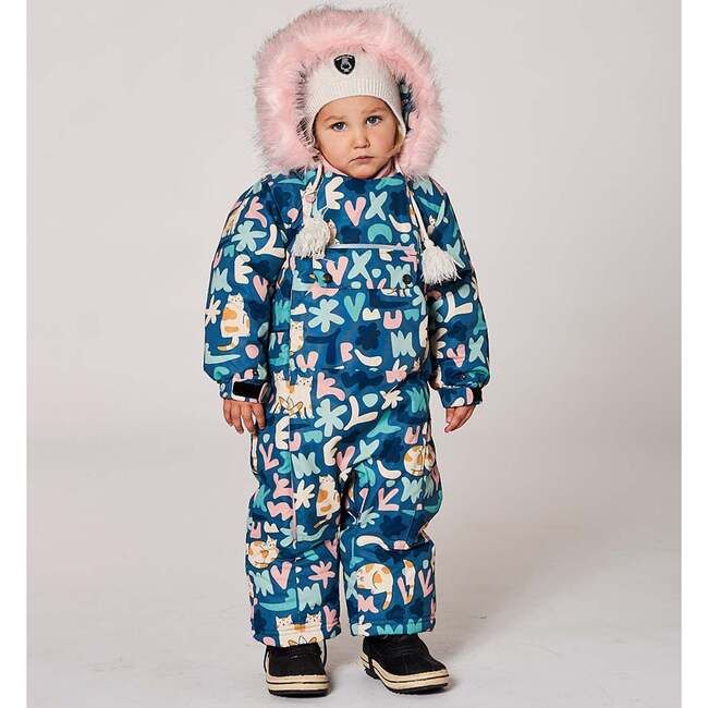 One-Piece Baby Play Snowsuit Designed for Car Seat, Green Cat Print - Snowsuits - 2