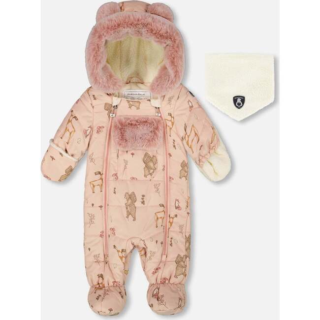 One-Piece Baby Layette Snowsuit Designed for Car Seat, Pink Printed Animal
