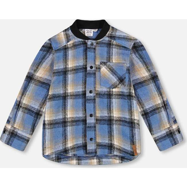 Long Sleeve Brushed Plaid Button Down Shirt Avec Rib Collar, Blue