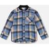 Long Sleeve Brushed Plaid Button Down Shirt Avec Rib Collar, Blue - Sweatshirts - 1 - thumbnail
