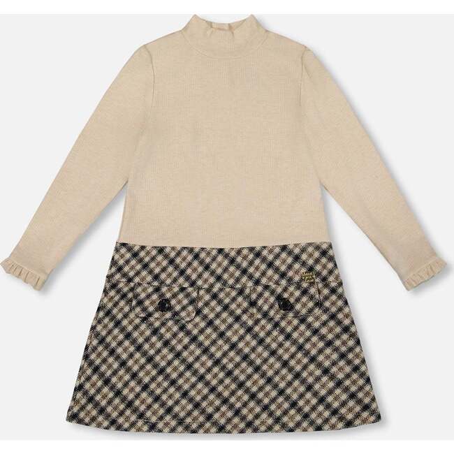 Long Sleeve Bi-Material Mock Neck Dress and Plaid, Beige