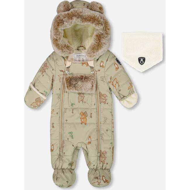 One-Piece Baby Layette Snowsuit Designed for Car Seat, Green Animal Print
