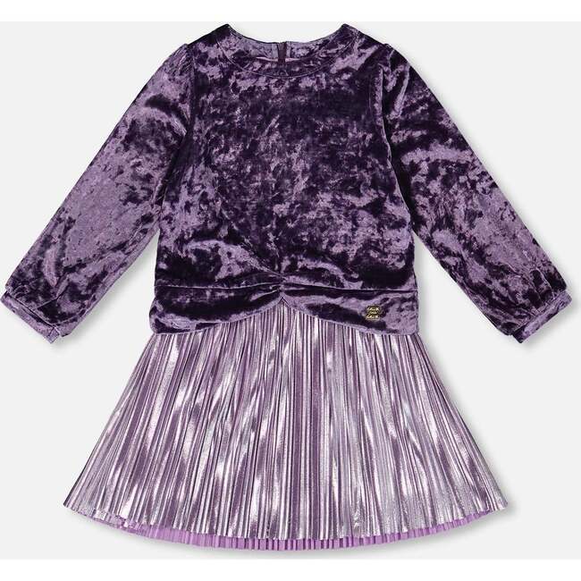 Long Sleeve Bi-Material Velour and Jersey Dress, Purple Gray
