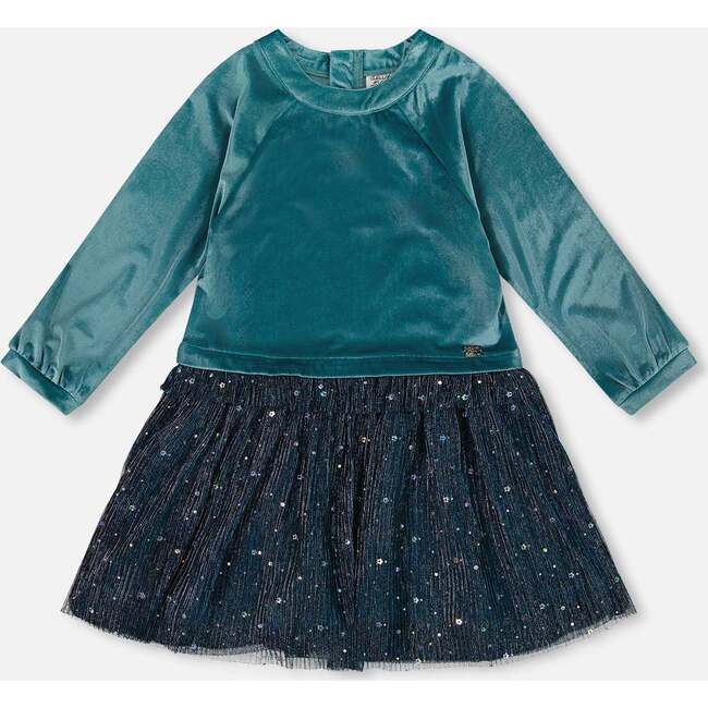 Long Sleeve Bi-Material Velvet and Pleated Mesh Dress, Teal Blue