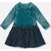 Long Sleeve Bi-Material Velvet and Pleated Mesh Dress, Teal Blue - Dresses - 1 - thumbnail