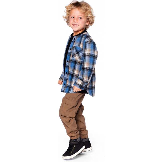 Long Sleeve Brushed Plaid Button Down Shirt Avec Rib Collar, Blue - Sweatshirts - 2