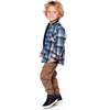 Long Sleeve Brushed Plaid Button Down Shirt Avec Rib Collar, Blue - Sweatshirts - 2