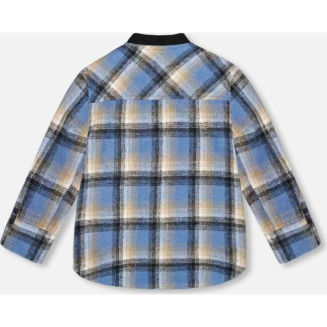Long Sleeve Brushed Plaid Button Down Shirt Avec Rib Collar, Blue - Sweatshirts - 3