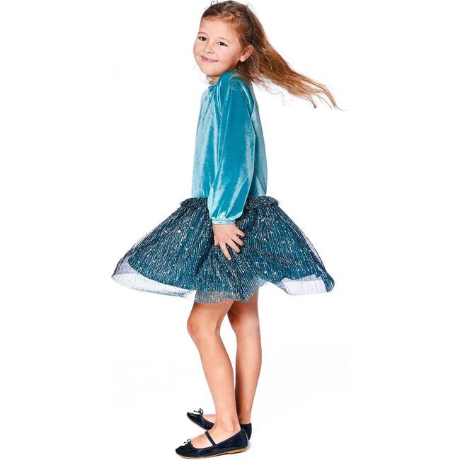 Long Sleeve Bi-Material Velvet and Pleated Mesh Dress, Teal Blue - Dresses - 2