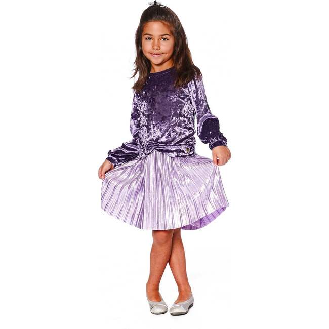 Long Sleeve Bi-Material Velour and Jersey Dress, Purple Gray - Dresses - 2
