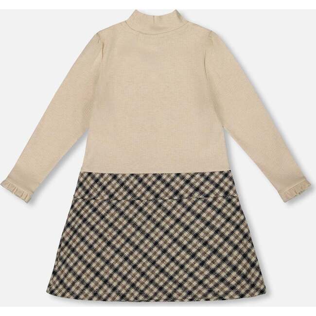 Long Sleeve Bi-Material Mock Neck Dress and Plaid, Beige - Dresses - 4